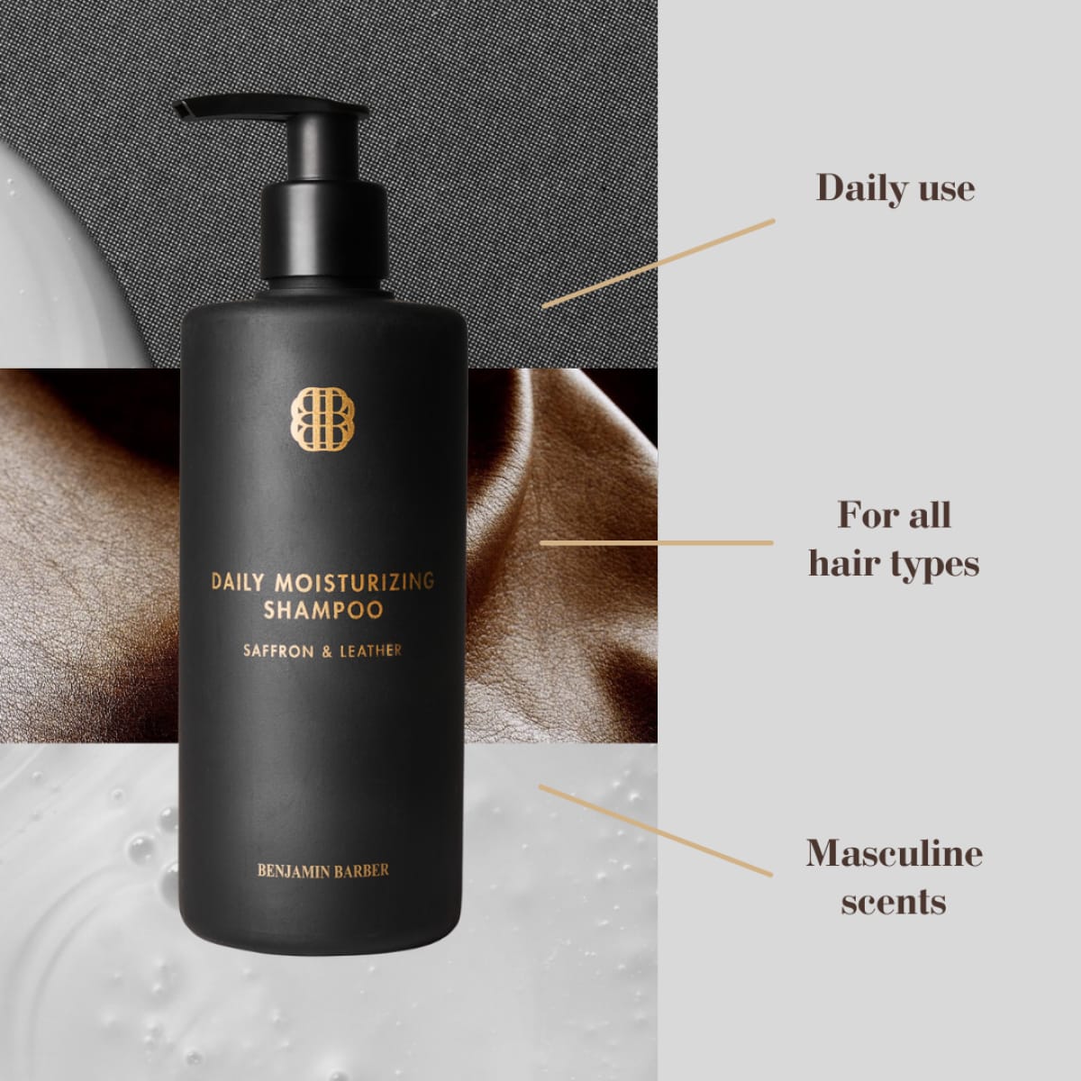 Benjamin Barber Daily Moisturizing Shampoo Saffron & Leather 300ml - Image 3